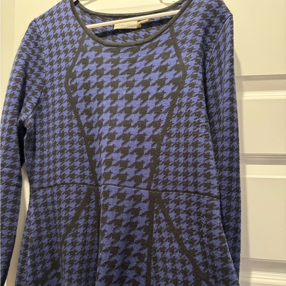 Calvin Klein Blue and Black Houndstooth Sweater Fit and Flare Dress - Picture 3 of 4